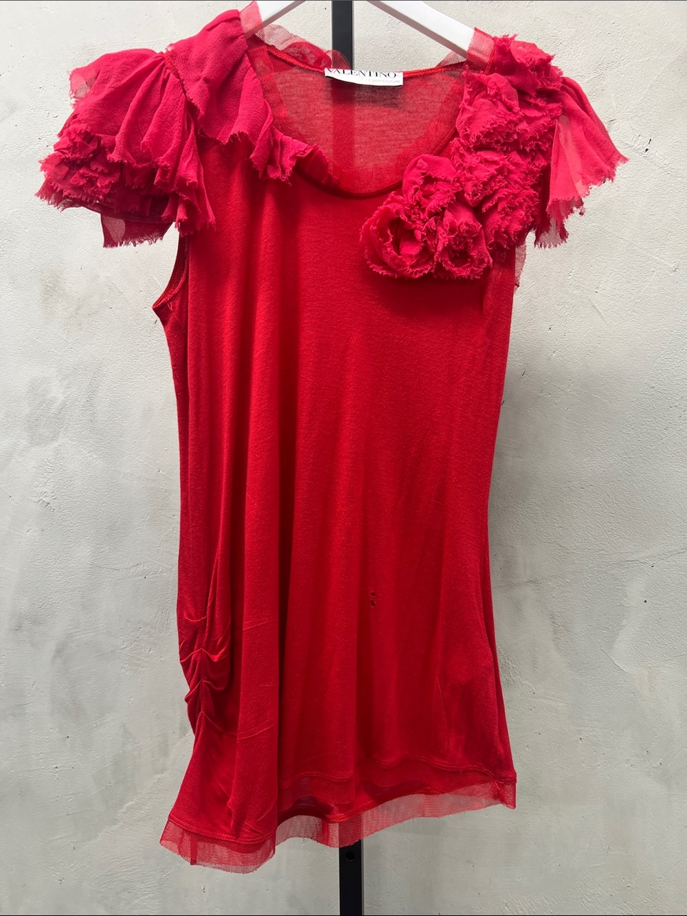 Valentino Red Tulle-Ruffle Sleeveless Tunic with Floral Appliqué
